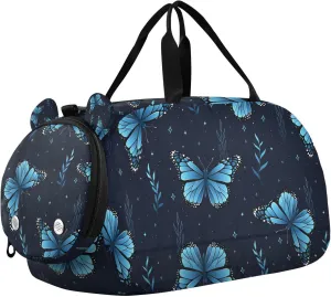 Travel Duffle Bag for Kids Boys Girls Flying Butterflies Blue Colors Sports Bag Overnighter Duffle Sleepover Weekender with Shoes Compartment