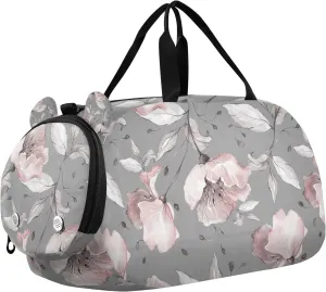 Travel Duffle Bag for Kids Boys Girls Grey Flowers Leaves Rose Sports Bag Overnighter Duffle Sleepover Weekender with Shoes Compartment