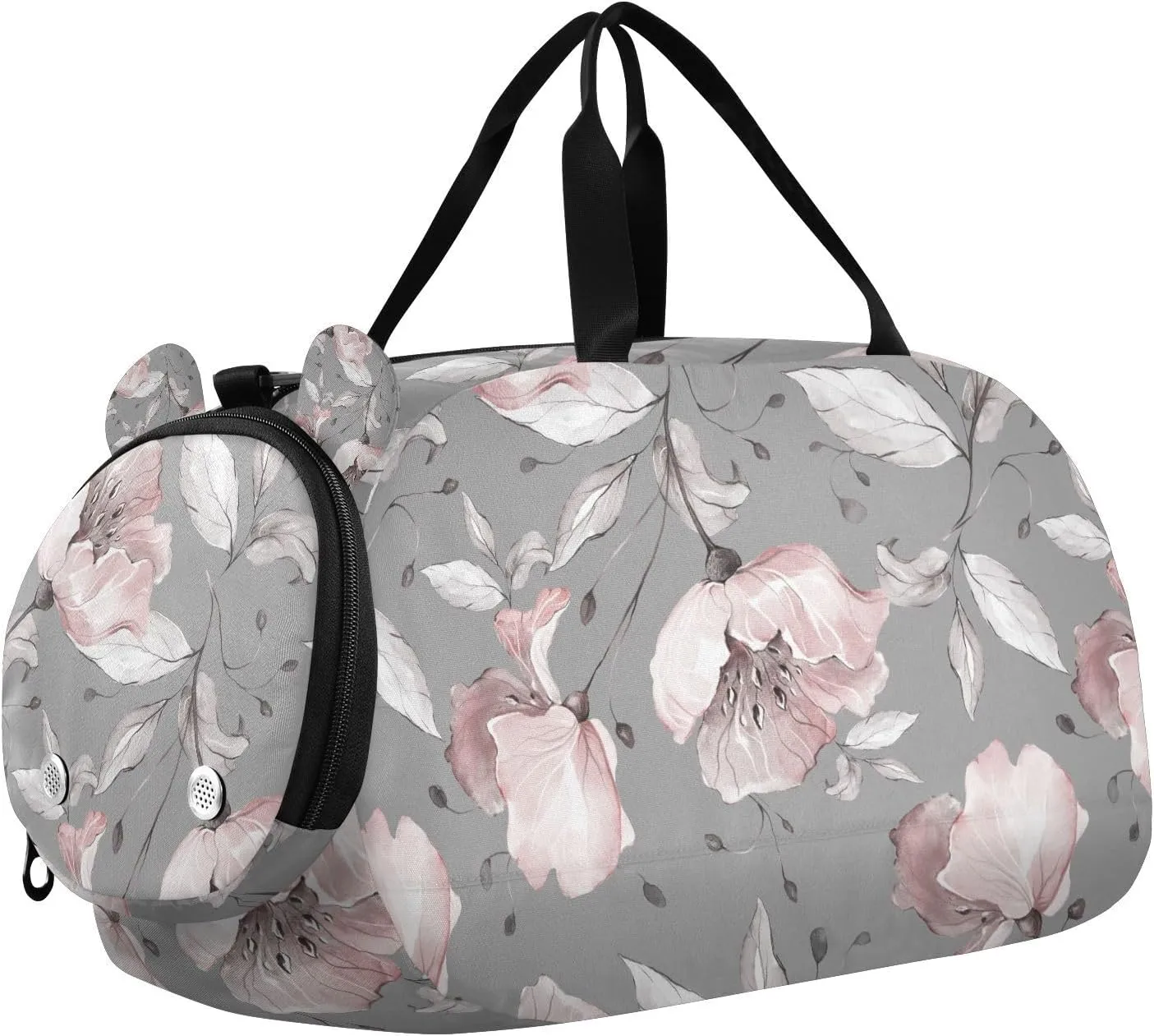 Travel Duffle Bag for Kids Boys Girls Grey Flowers Leaves Rose Sports Bag Overnighter Duffle Sleepover Weekender with Shoes Compartment