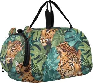 Travel Duffle Bag for Kids Boys Girls Leopard Tropical Palm Leaves Cheetah Sports Bag Overnighter Duffle Sleepover Weekender with Shoes Compartment