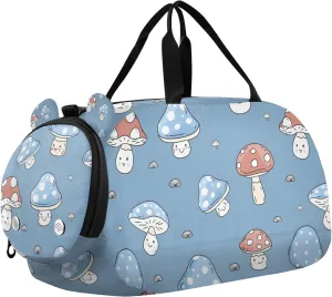 Travel Duffle Bag for Kids Boys Girls Mushrooms Blue Sports Bag Overnighter Duffle Sleepover Weekender with Shoes Compartment