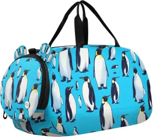 Travel Duffle Bag for Kids Boys Girls Penguin Animal Blue Ocean Sports Bag Overnighter Duffle Sleepover Weekender with Shoes Compartment
