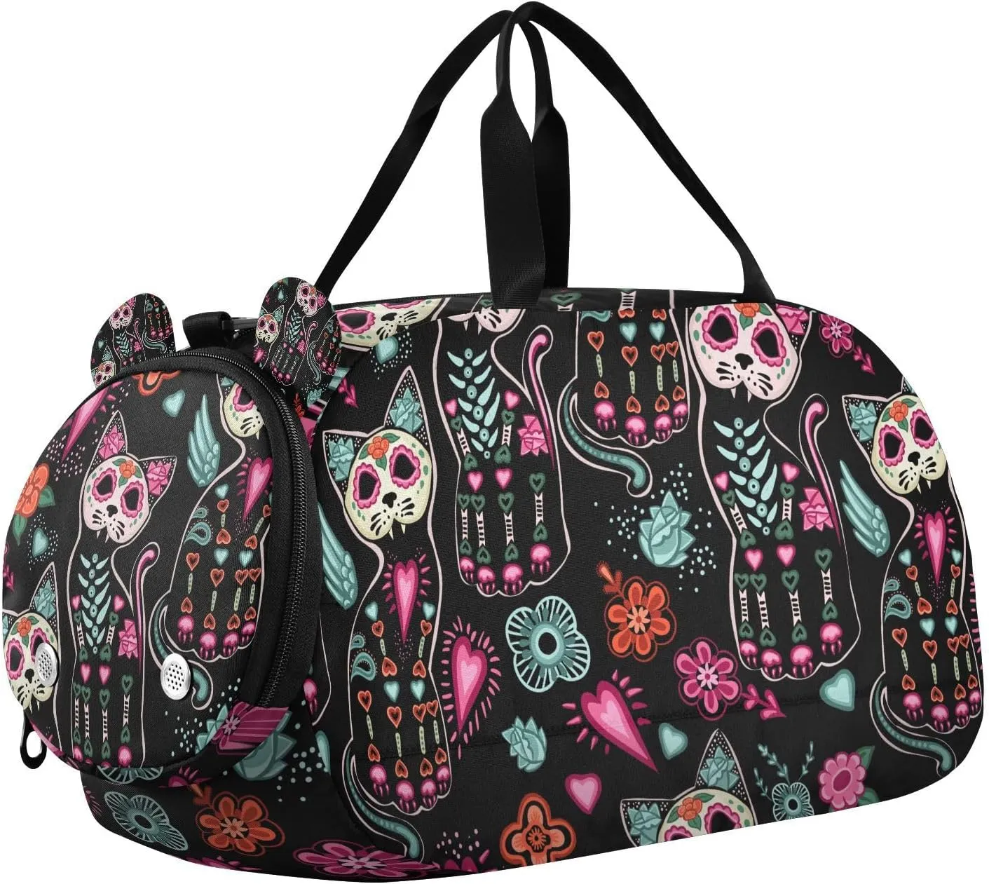 Travel Duffle Bag for Kids Boys Girls Skull Skeleton Cat Sugar Black Sports Bag Overnighter Duffle Sleepover Weekender with Shoes Compartment