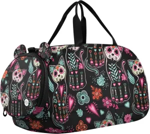 Travel Duffle Bag for Kids Boys Girls Skull Skeleton Cat Sugar Black Sports Bag Overnighter Duffle Sleepover Weekender with Shoes Compartment