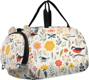 Travel Duffle Bag for Kids Boys Girls Spring Bird Floral Wildflower Sports Bag Overnighter Duffle Sleepover Weekender with Shoes Compartment