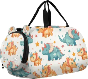 Travel Duffle Bag for Kids Boys Girls Triceratops Cartoon Dinosaur Pattern Sports Bag Overnighter Duffle Sleepover Weekender with Shoes Compartment