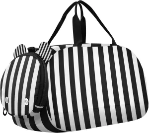 Travel Duffle Bag for Kids Boys Girls White Black Stripe Sports Bag Overnighter Duffle Sleepover Weekender with Shoes Compartment