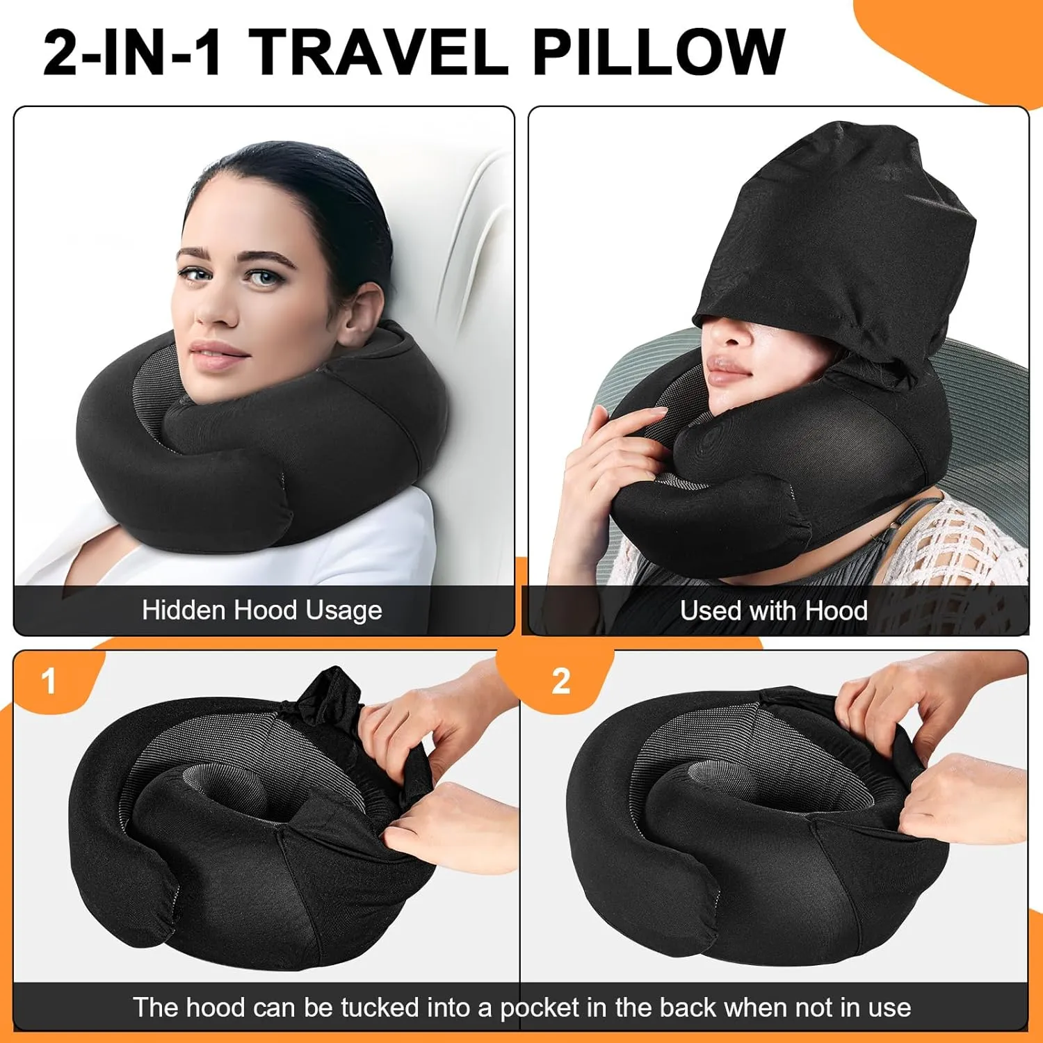 Travel Pillow - Hooded Neck Pillow Airplane, Memory Foam Pillow for Plane, Office, Cars Sleeping, Long Flight Must Haves, Road Trip Essentials Accessories for Adults (Black)
