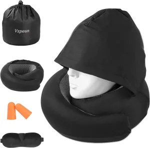 Travel Pillow - Hooded Neck Pillow Airplane, Memory Foam Pillow for Plane, Office, Cars Sleeping, Long Flight Must Haves, Road Trip Essentials Accessories for Adults (Black)