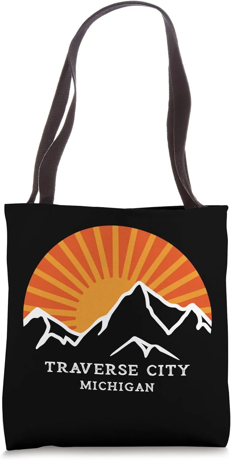 Traverse City Michigan Retro Sunset Mountains Vintage Sun Tote Bag