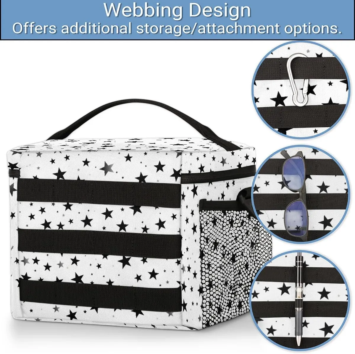 TropicalLife Black White Stars Lunch Box for Men Women Star Tactical Lunch Bag Leakproof Insulated Lunch Cooler with Shoulder Strap for Adult Work, Picnic, Camping