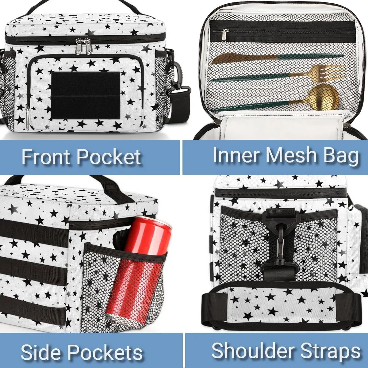 TropicalLife Black White Stars Lunch Box for Men Women Star Tactical Lunch Bag Leakproof Insulated Lunch Cooler with Shoulder Strap for Adult Work, Picnic, Camping