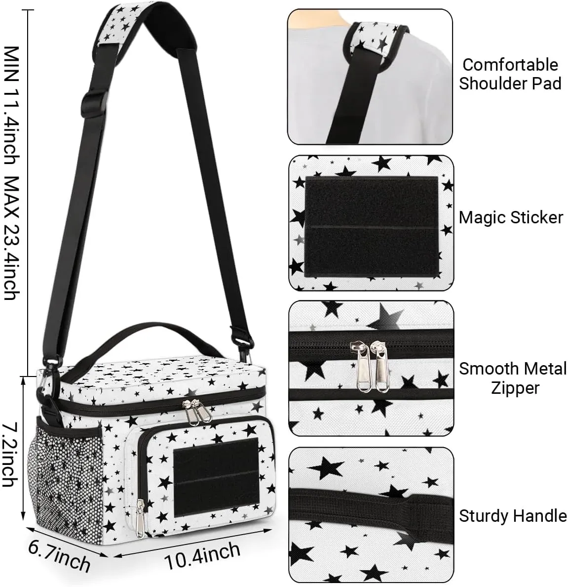 TropicalLife Black White Stars Lunch Box for Men Women Star Tactical Lunch Bag Leakproof Insulated Lunch Cooler with Shoulder Strap for Adult Work, Picnic, Camping