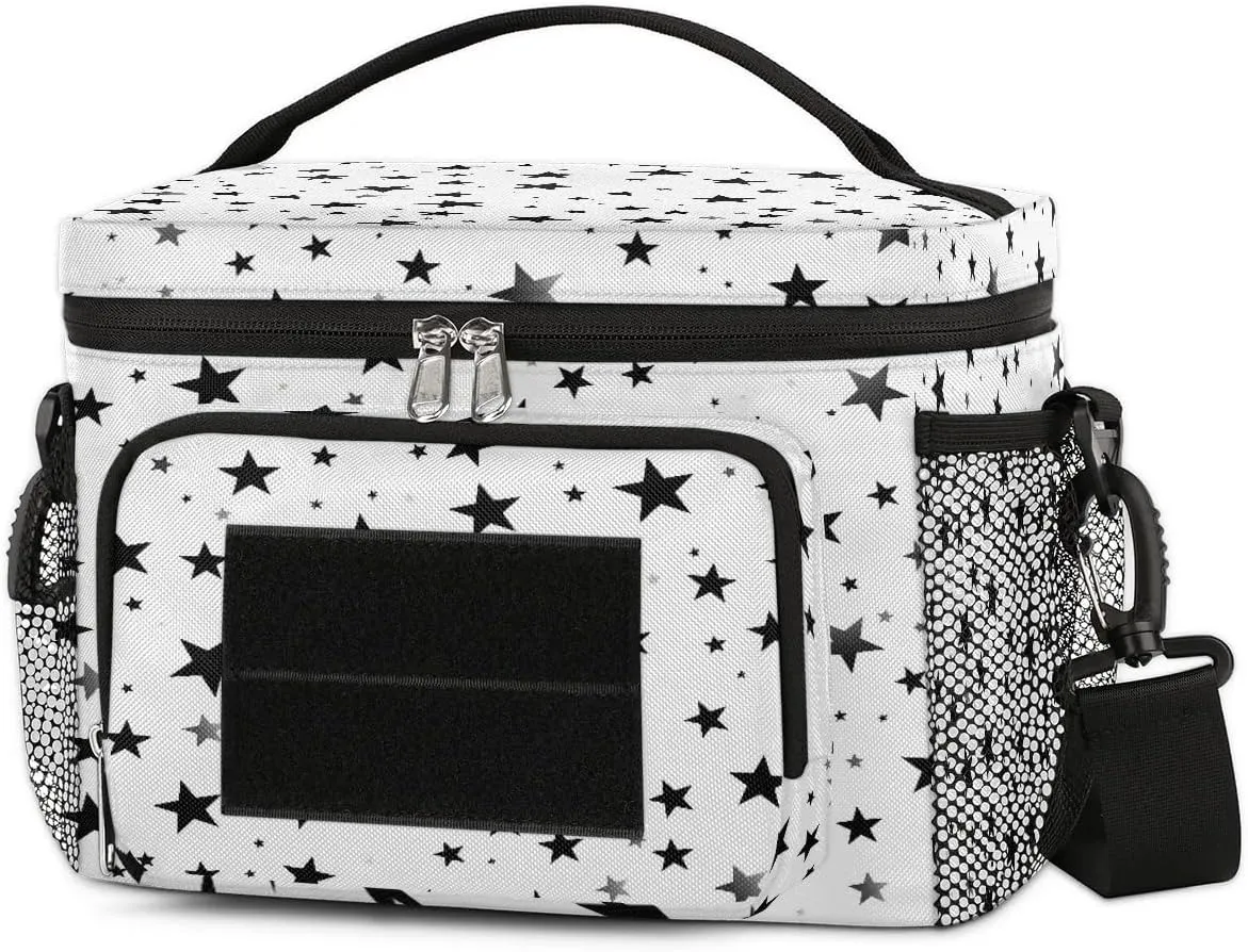 TropicalLife Black White Stars Lunch Box for Men Women Star Tactical Lunch Bag Leakproof Insulated Lunch Cooler with Shoulder Strap for Adult Work, Picnic, Camping