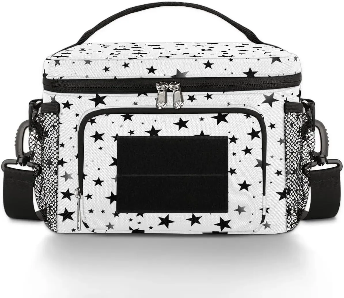 TropicalLife Black White Stars Lunch Box for Men Women Star Tactical Lunch Bag Leakproof Insulated Lunch Cooler with Shoulder Strap for Adult Work, Picnic, Camping