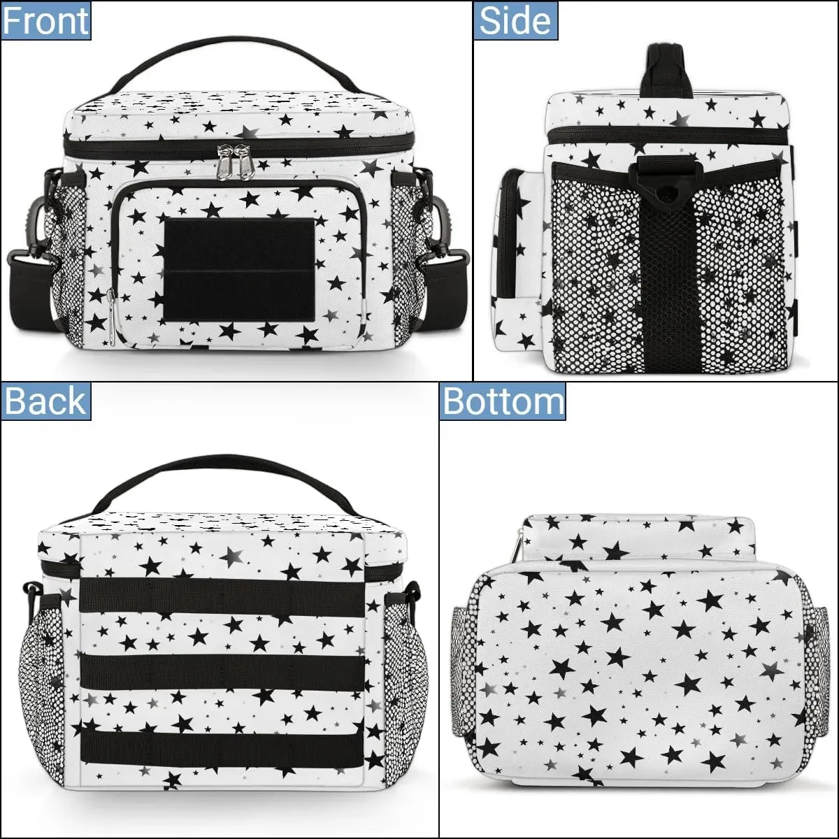 TropicalLife Black White Stars Lunch Box for Men Women Star Tactical Lunch Bag Leakproof Insulated Lunch Cooler with Shoulder Strap for Adult Work, Picnic, Camping