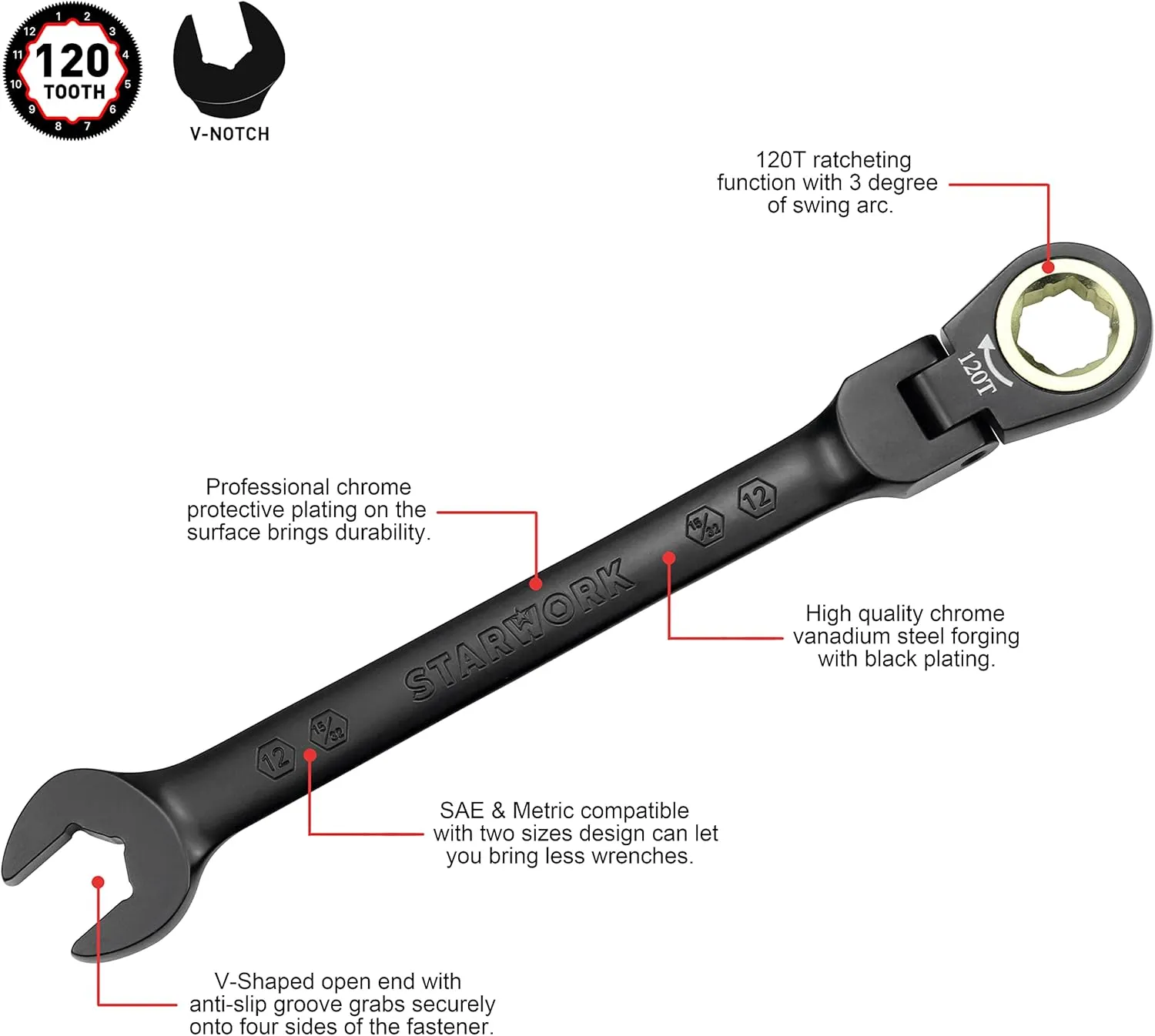 TRUE MECHANIC™ 5Pc. 120T SAE&Metric Flexible Ratcheting Wrench Set, Professional, With Roll-Up Pouch Bag