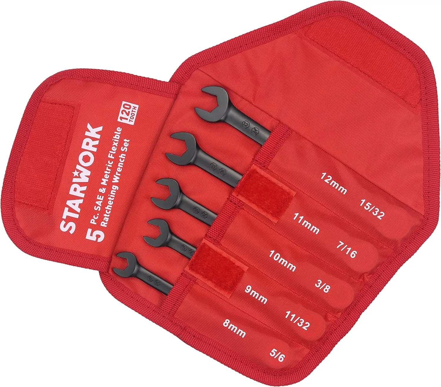 TRUE MECHANIC™ 5Pc. 120T SAE&Metric Flexible Ratcheting Wrench Set, Professional, With Roll-Up Pouch Bag