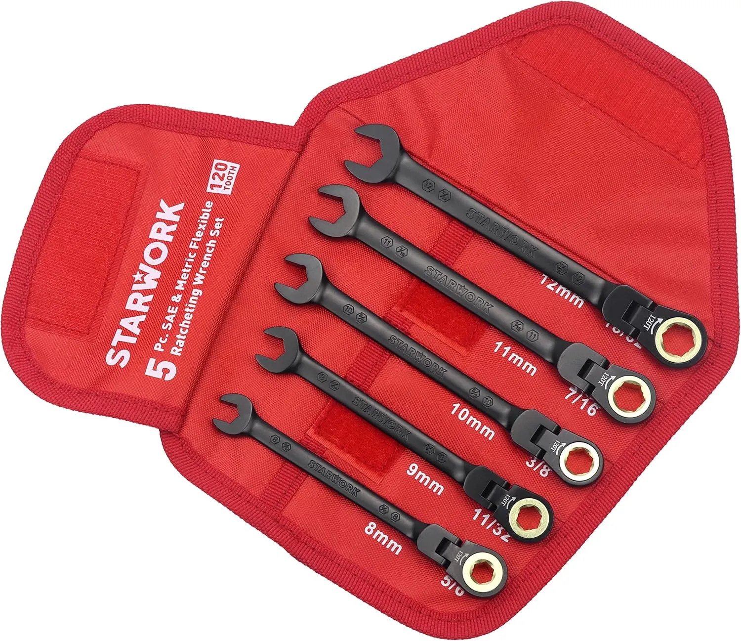 TRUE MECHANIC™ 5Pc. 120T SAE&Metric Flexible Ratcheting Wrench Set, Professional, With Roll-Up Pouch Bag
