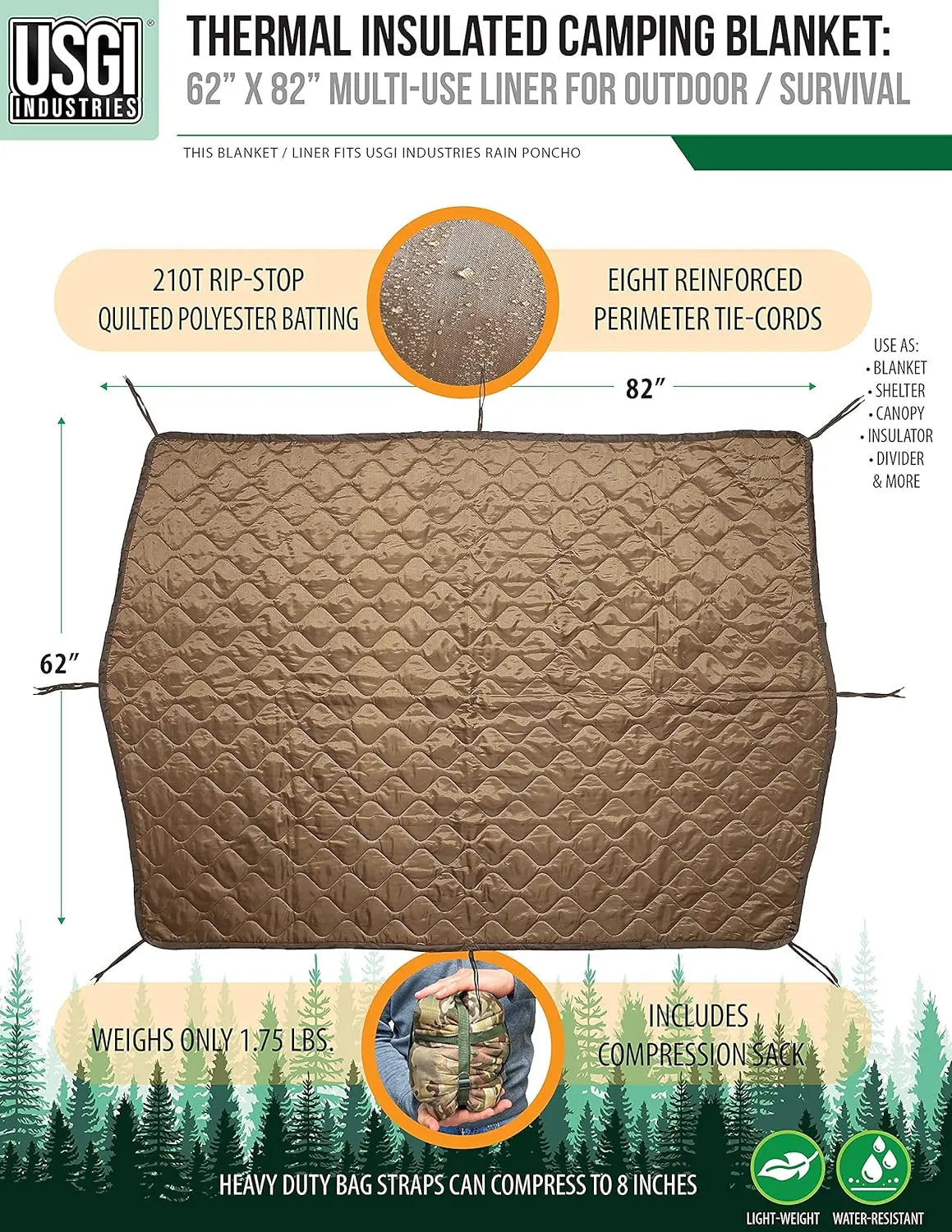 USGI Industries Military Woobie Blanket | Thermal Insulated Camping Blanket, Poncho Liner | Large, Portable, Insulation, Water-Resistant, for Hiking, Survival | Compression Carry Bag