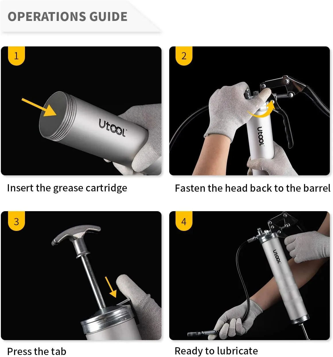UTOOL Grease Gun, 8000 PSI Heavy Duty Pistol Grip Grease Gun Kit with 14 oz Capacity, 18 Inch Resin Flex Hose, 2 Basic Coupler, 2 Extension Rigid Pipe and 1 Sharp Type Nozzle, Argent Matte Finish