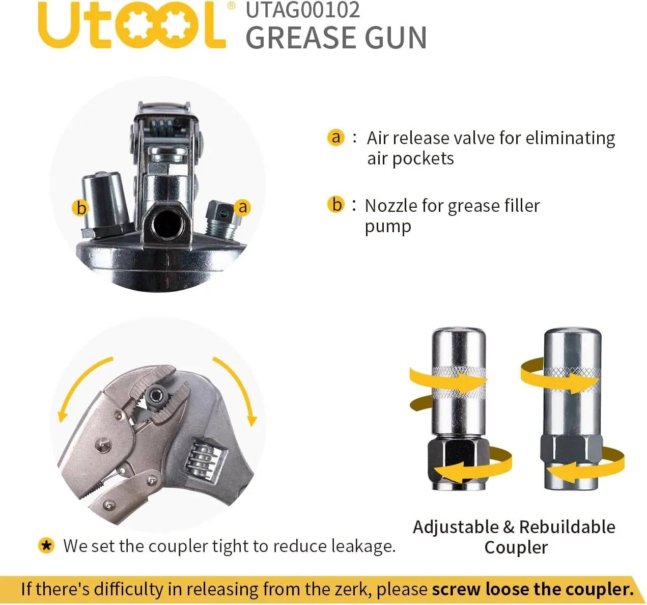 UTOOL Grease Gun, 8000 PSI Heavy Duty Pistol Grip Grease Gun Kit with 14 oz Capacity, 18 Inch Resin Flex Hose, 2 Basic Coupler, 2 Extension Rigid Pipe and 1 Sharp Type Nozzle, Argent Matte Finish