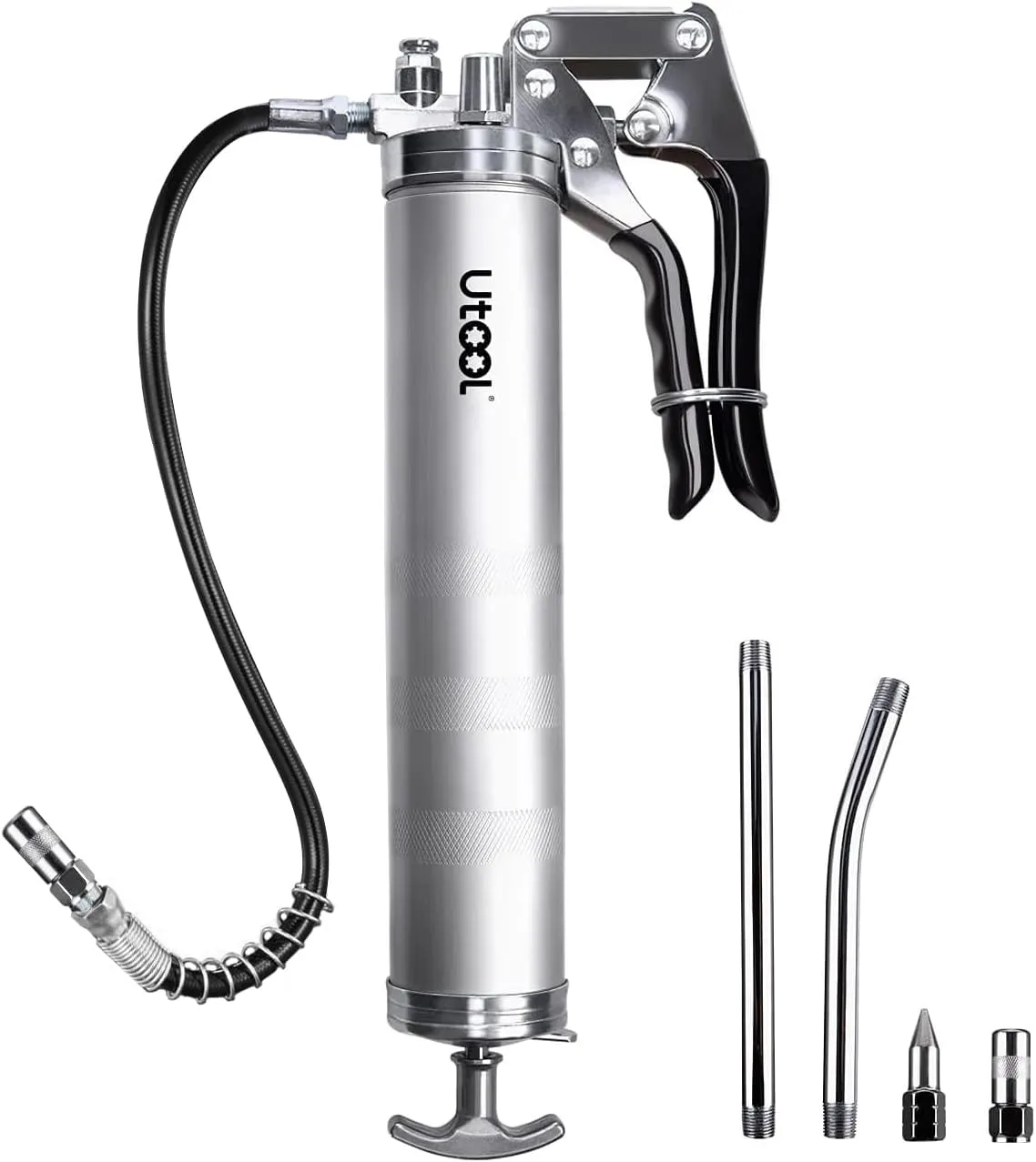 UTOOL Grease Gun, 8000 PSI Heavy Duty Pistol Grip Grease Gun Kit with 14 oz Capacity, 18 Inch Resin Flex Hose, 2 Basic Coupler, 2 Extension Rigid Pipe and 1 Sharp Type Nozzle, Argent Matte Finish