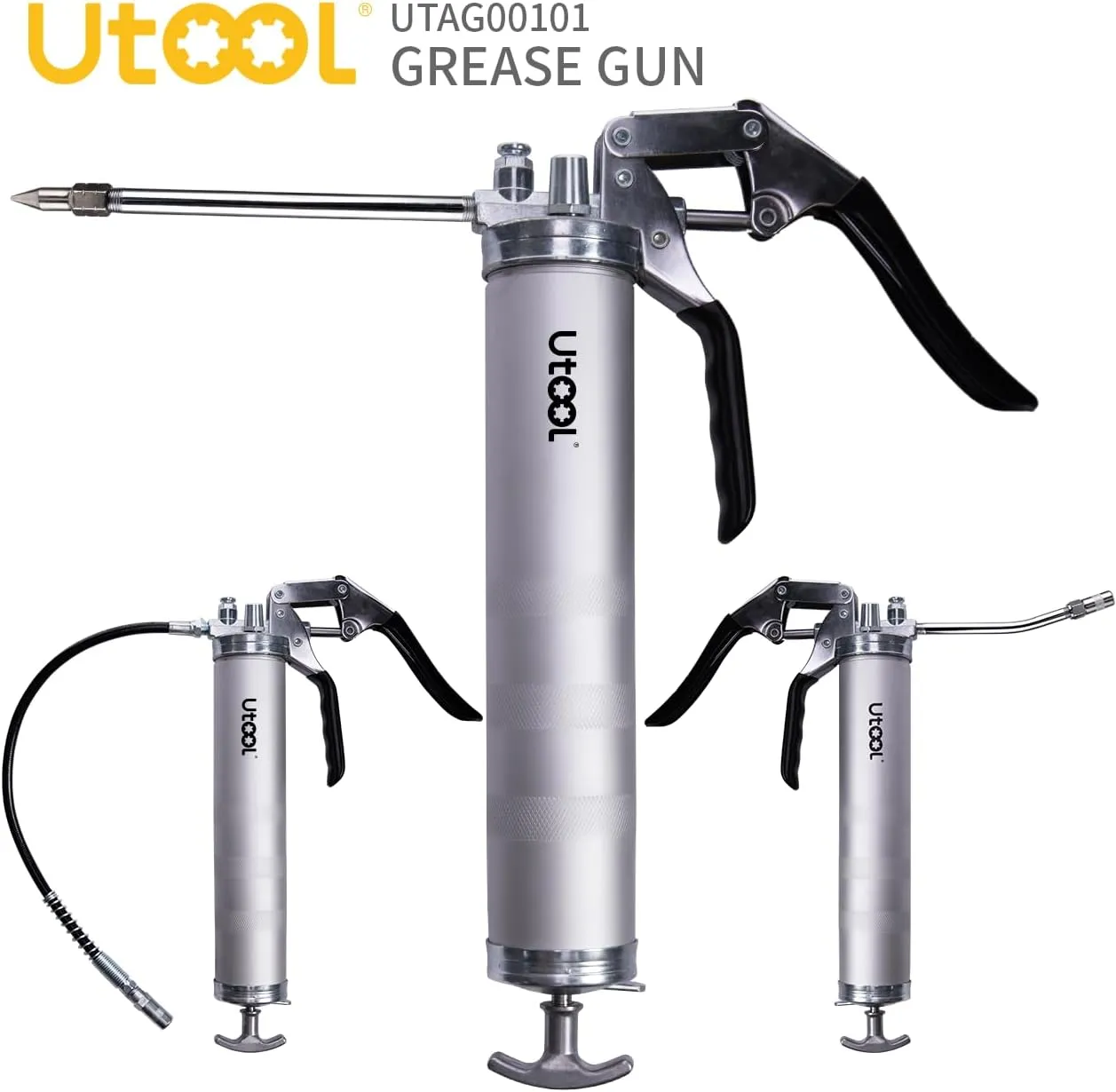 UTOOL Grease Gun, 8000 PSI Heavy Duty Pistol Grip Grease Gun Kit with 14 oz Capacity, 18 Inch Resin Flex Hose, 2 Basic Coupler, 2 Extension Rigid Pipe and 1 Sharp Type Nozzle, Argent Matte Finish