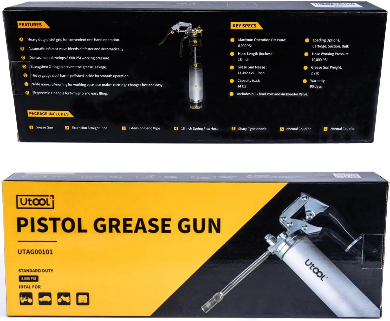 UTOOL Grease Gun, 8000 PSI Heavy Duty Pistol Grip Grease Gun Kit with 14 oz Capacity, 18 Inch Resin Flex Hose, 2 Basic Coupler, 2 Extension Rigid Pipe and 1 Sharp Type Nozzle, Argent Matte Finish