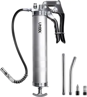 UTOOL Grease Gun, 8000 PSI Heavy Duty Pistol Grip Grease Gun Kit with 14 oz Capacity, 18 Inch Resin Flex Hose, 2 Basic Coupler, 2 Extension Rigid Pipe and 1 Sharp Type Nozzle, Argent Matte Finish