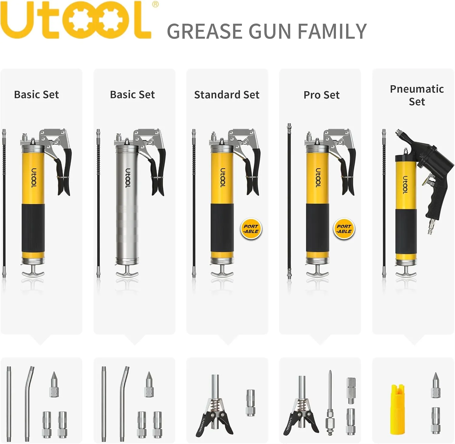 UTOOL Grease Gun, 8000 PSI Heavy Duty Pistol Grip Grease Gun Kit with 14 oz Capacity, 18 Inch Resin Flex Hose, 2 Basic Coupler, 2 Extension Rigid Pipe and 1 Sharp Type Nozzle, Argent Matte Finish
