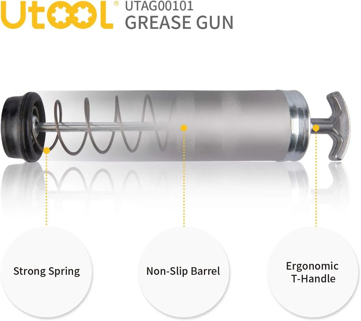UTOOL Grease Gun, 8000 PSI Heavy Duty Pistol Grip Grease Gun Kit with 14 oz Capacity, 18 Inch Resin Flex Hose, 2 Basic Coupler, 2 Extension Rigid Pipe and 1 Sharp Type Nozzle, Argent Matte Finish