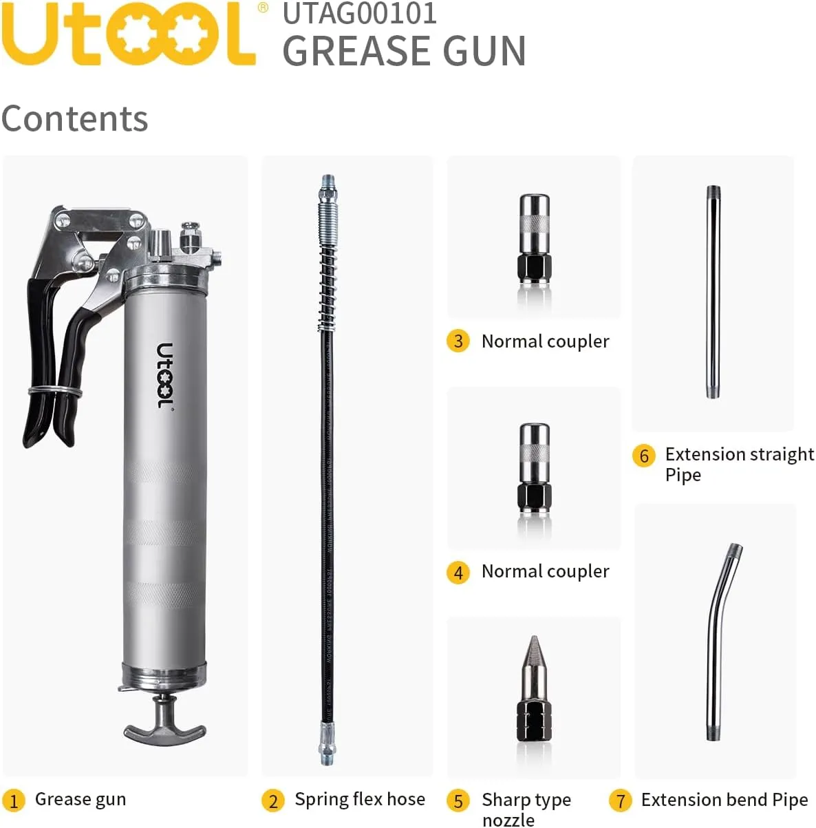 UTOOL Grease Gun, 8000 PSI Heavy Duty Pistol Grip Grease Gun Kit with 14 oz Capacity, 18 Inch Resin Flex Hose, 2 Basic Coupler, 2 Extension Rigid Pipe and 1 Sharp Type Nozzle, Argent Matte Finish