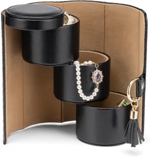 Vlando Travel Jewelry Roll Box Organizer, Leather 3-Section Jewelry Storage Sorter Holder for Necklaces Earrings Rings Brackets, Perfect Companion in the Trip, Black