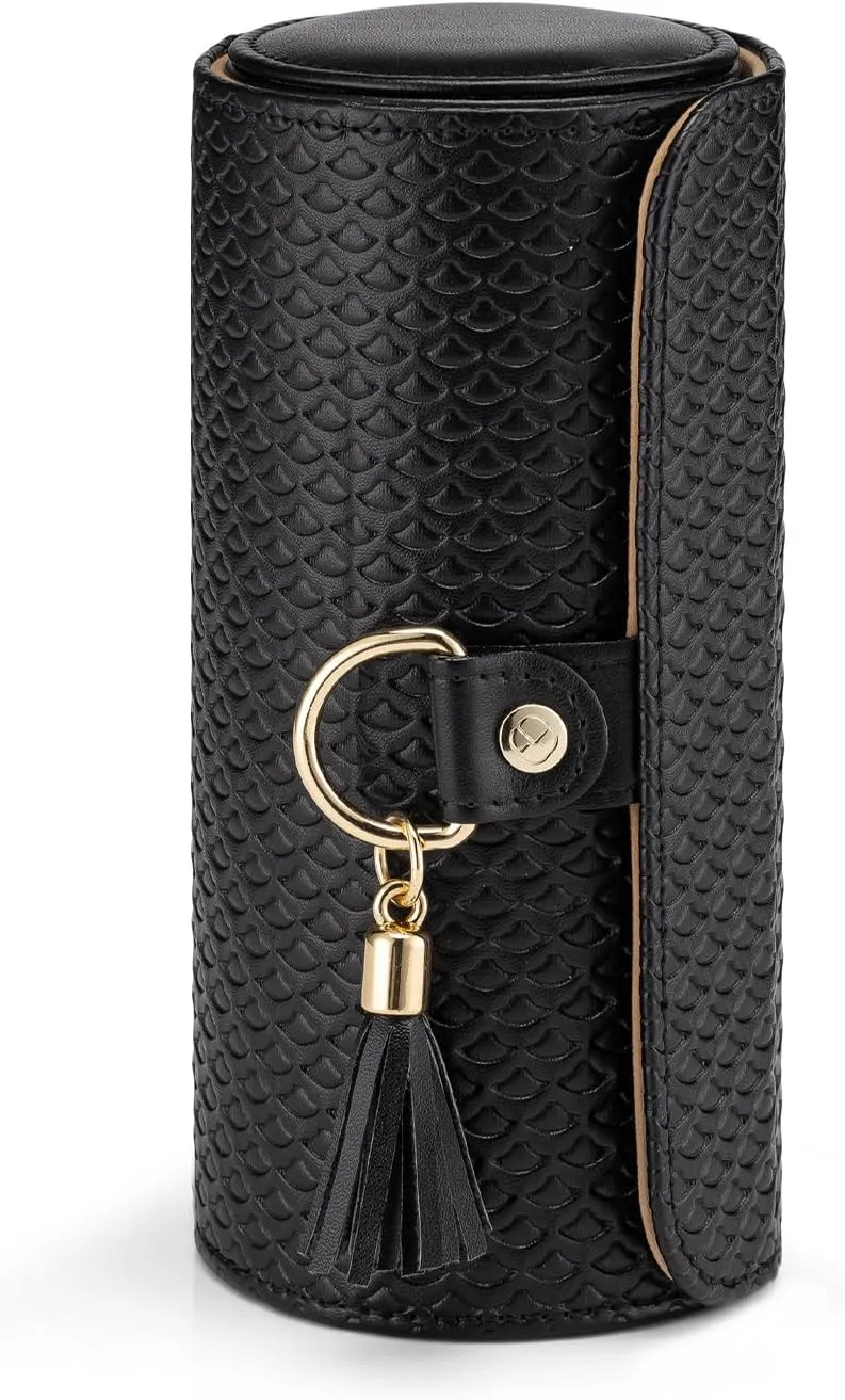 Vlando Travel Jewelry Roll Box Organizer, Leather 3-Section Jewelry Storage Sorter Holder for Necklaces Earrings Rings Brackets, Perfect Companion in the Trip, Black