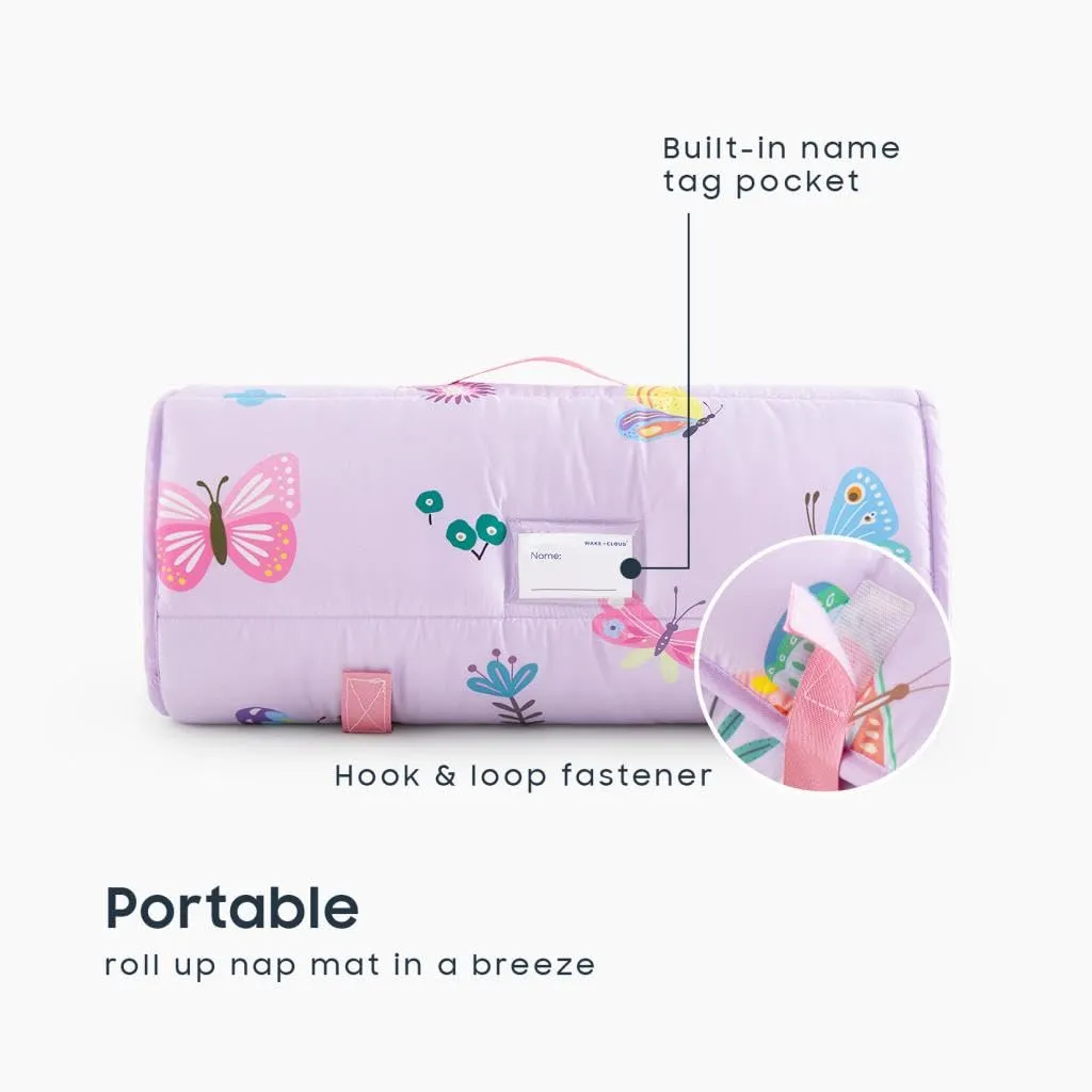 Wake In Cloud - Toddler Nap Mat with Pillow and Blanket, for Kids Girls in Kindergarten Daycare Preschool Pre K, Roll Up Sleeping Bag, Cute Butterfly Flowers, Purple, Extra Long