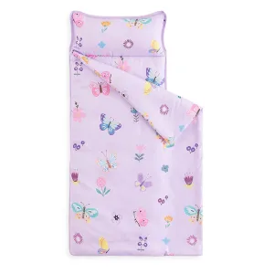 Wake In Cloud - Toddler Nap Mat with Pillow and Blanket, for Kids Girls in Kindergarten Daycare Preschool Pre K, Roll Up Sleeping Bag, Cute Butterfly Flowers, Purple, Extra Long