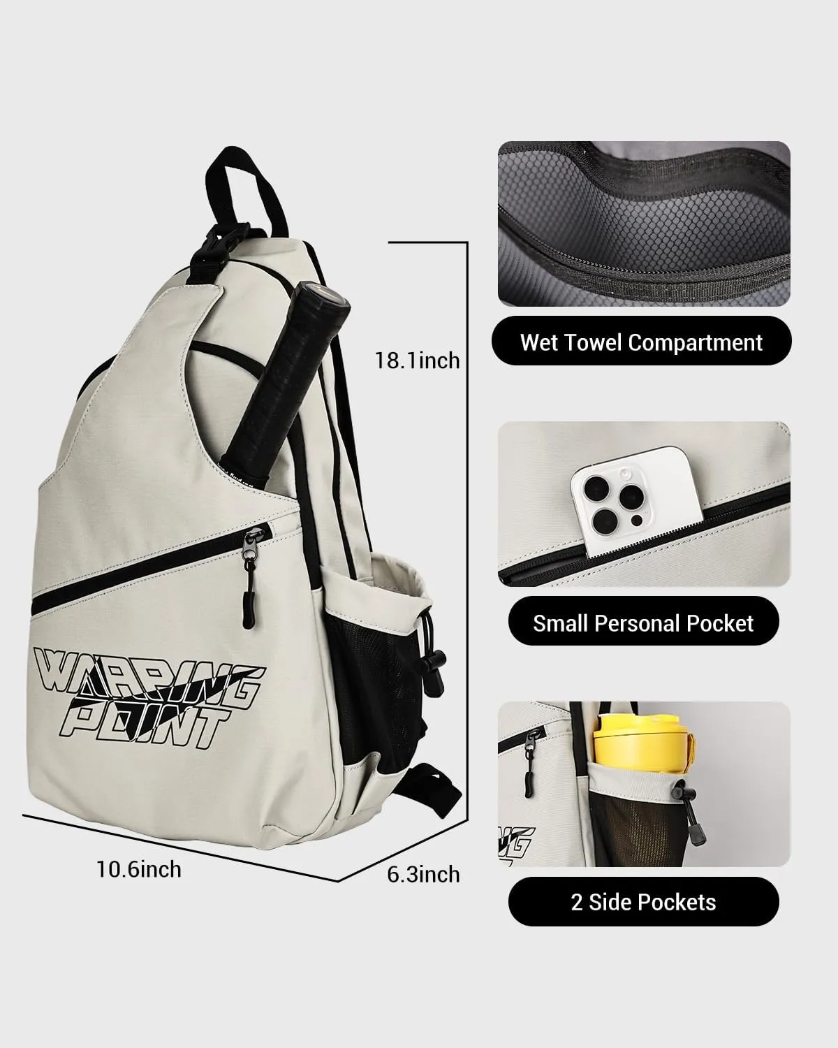 Warping Point Pickleball Bag, Adjustable Large Capacity Pickleball Crossbody Backpack for Women Men, Sling Padel Bag Hold 2 to 4 Paddles with Multiple Compartments, Wet & Safety Pocket Fence Hook