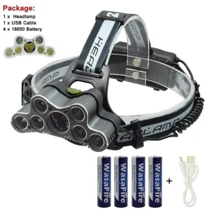 WasaFire 18650 Head Torch 9 Led Headlamp For Camping Hunting 7* T6   2*XPE Q5 Head Lamp Led Headlight With 4 * 18650 Battery