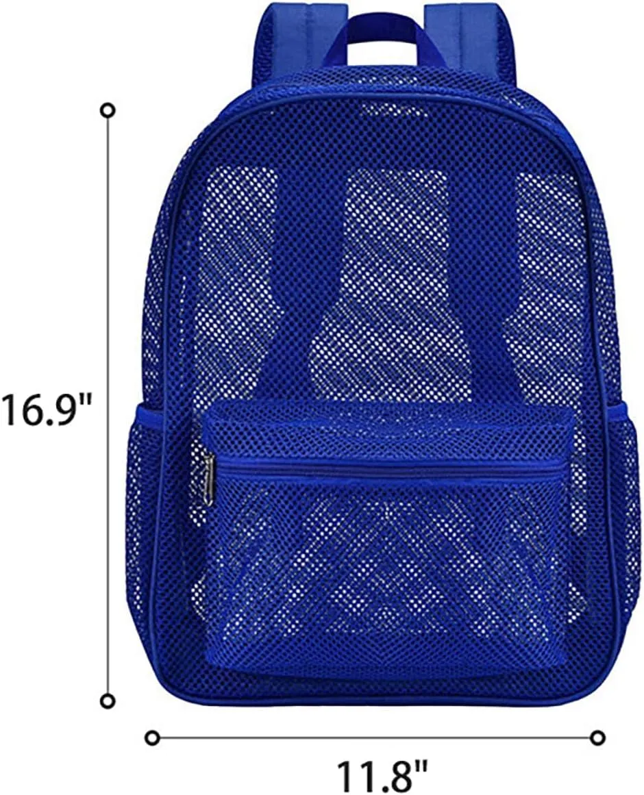 Waterproof Durable 16 Inch Mesh Backpack Transparent College Commuting Outdoor Sports Beach Swim Bag (Blue)