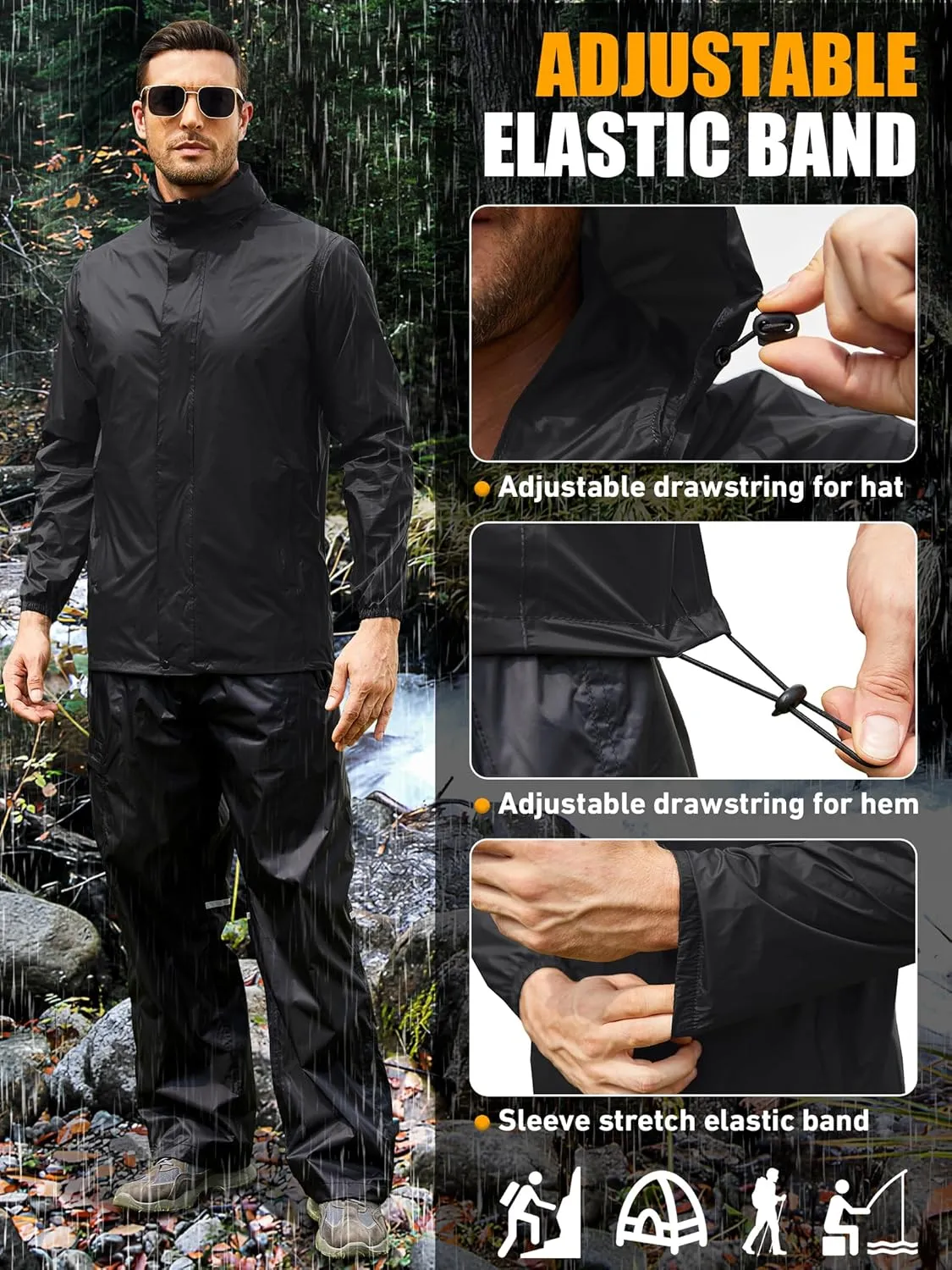 Waterproof Rain Jacket for Men, Lightweight Rain Gear, Packaged Golf Raincoat with Hood, Suitable for Travel, Fishing
