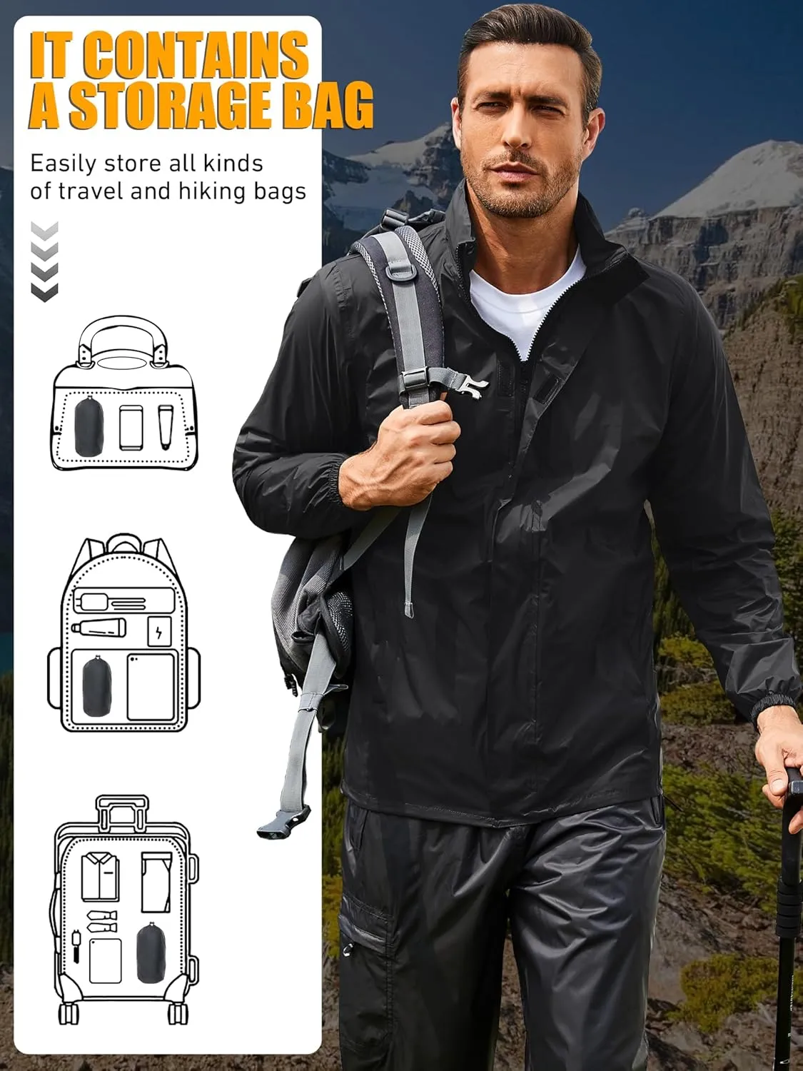 Waterproof Rain Jacket for Men, Lightweight Rain Gear, Packaged Golf Raincoat with Hood, Suitable for Travel, Fishing