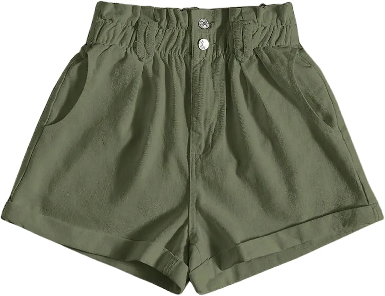 WDIRARA Women's Paper Bag Waist Button Roll Up Hem Denim Shorts with Pockets