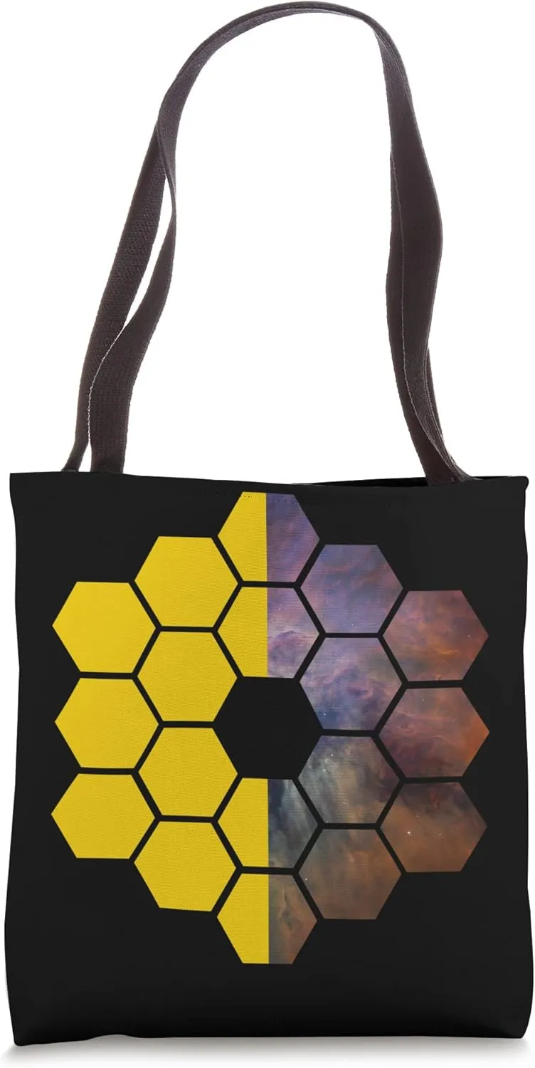 Webb Space Telescope Yellow Mirrors Nebula Split Screen JWST Tote Bag
