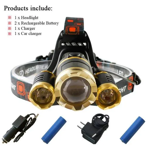 White light yellow hoofdlamp 3T6 CREE XML T6 headlamp led headlight rechargeable lights 18650 battery head flashlight head torch