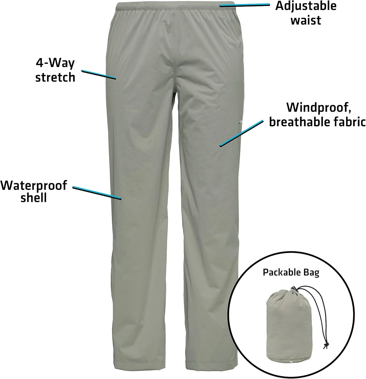 Whitewater Fishing Men’s Packable Rain Pants, Lightweight Waterproof Rain Gear