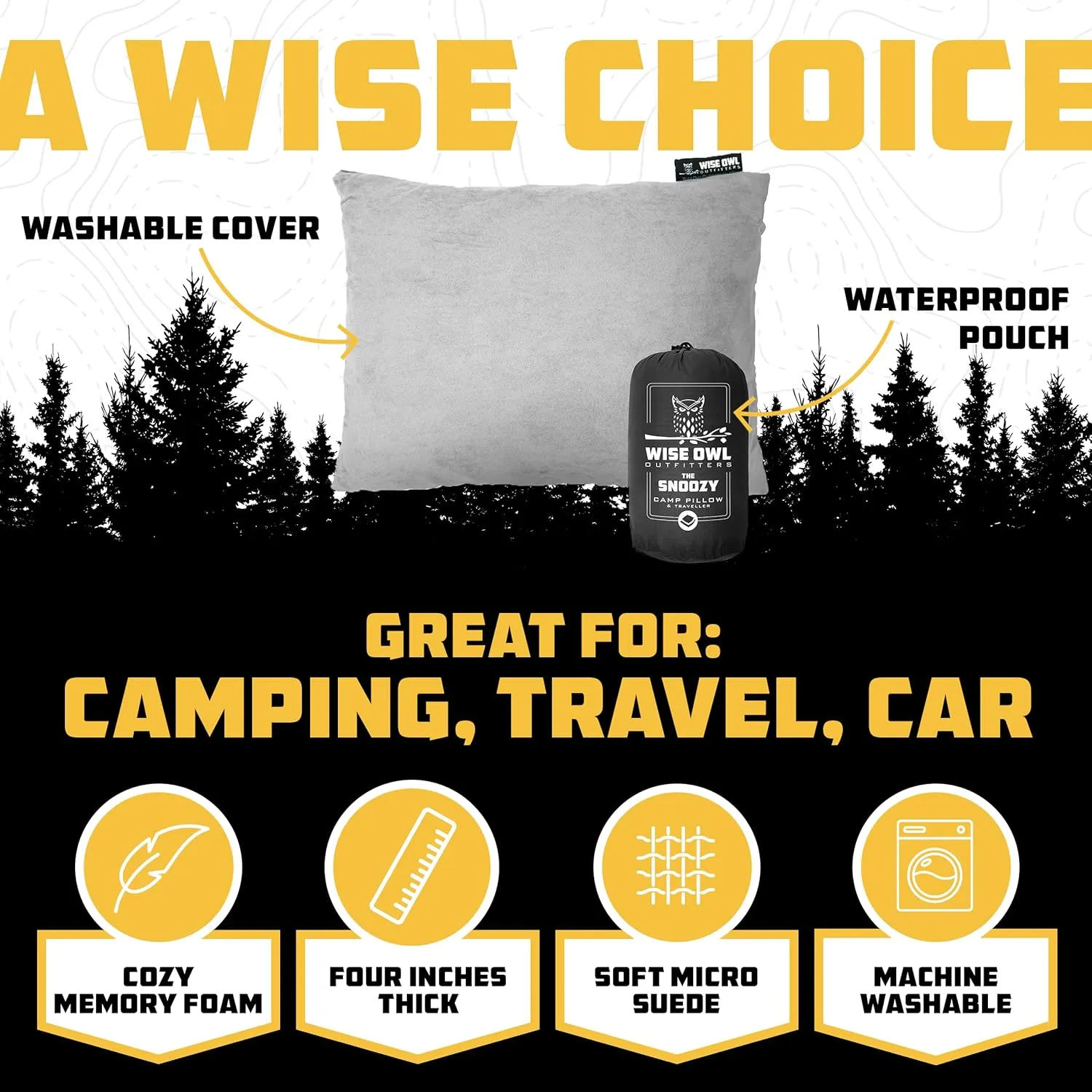 Wise Owl Outfitters Essentials Airplanes, Camping, and Travel-Memory Foam Washable Pillow-Small, Medium (Pack of 1), Grey