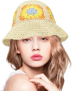 Women Straw Sun Hat Foldable Beach Hat Sunflower Floppy Bucket Hat