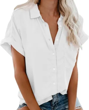 Womens Casual Roll Up Sleeve Dress Shirts Comfy Lightweight Lapel Button Down Front Pocket Blouse Summer Henley Tops White