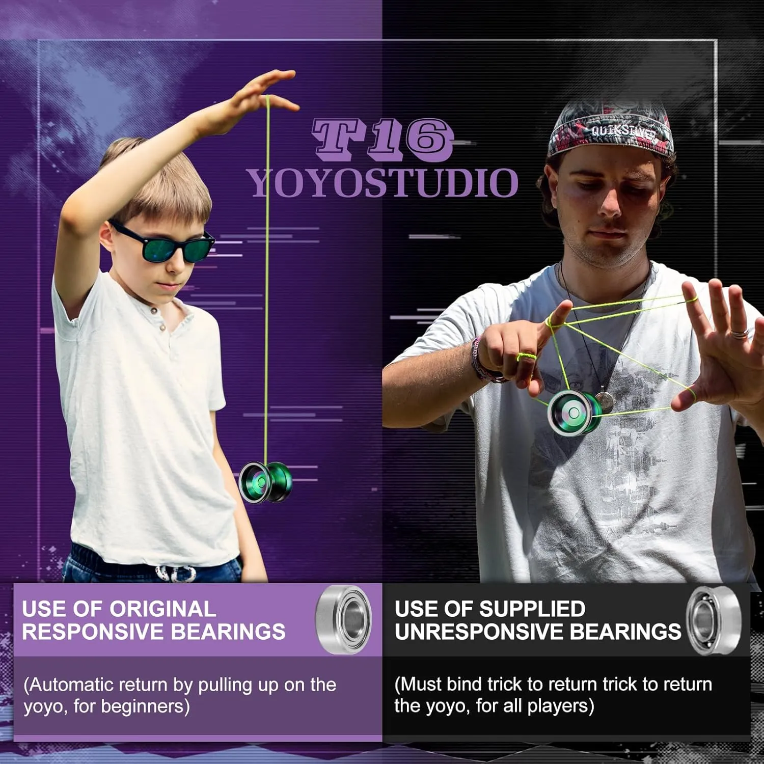 X0312 Responsive Yoyo Professional Unresponsive Yoyo for Kids 8-12 Finger Spin Trick Yo Yo for Kids Adults Metal Yoyos with Bearing Kit, 10 Yo-Yo Strings, Case & Glove - Black Green Purple